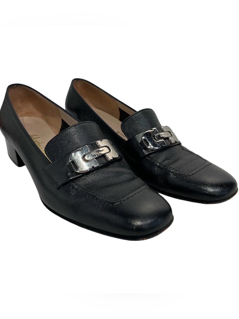 Salvatore Ferragamo Black Leather Flats with Gold Logo